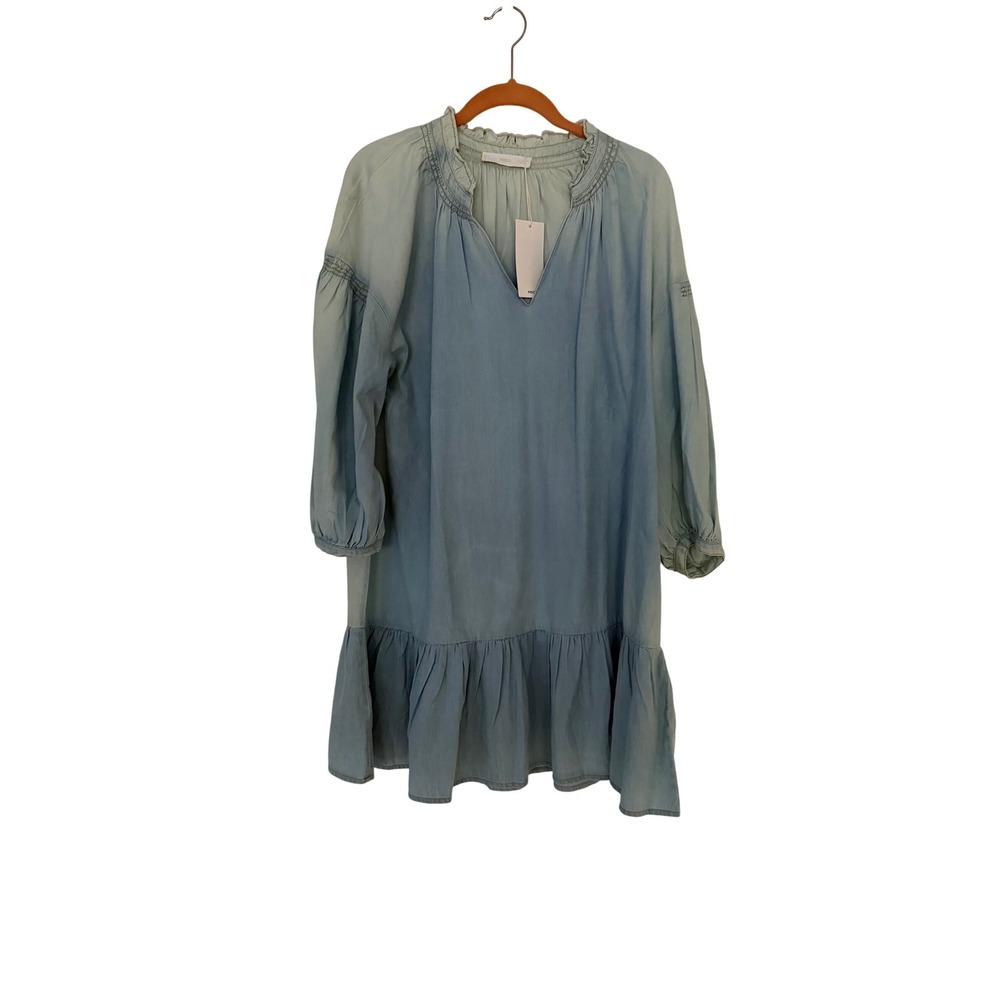 Mango Woman Light Wash Denim Effect Lyocell Ruffle Mini Dress XL 57092506 NEW